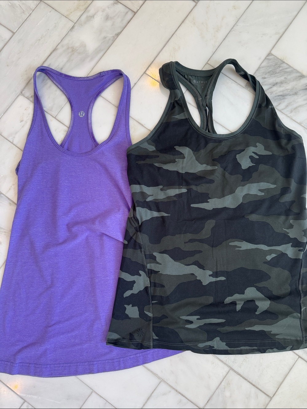 lululemon athletica Purple Racerback Tank Top & Athleta Black Camo Tank